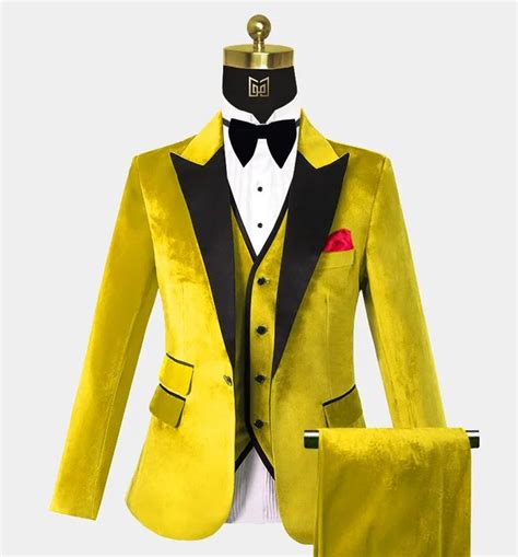Yellow Velvet Tuxedo 3 Piece Gentlemans Guru Prom Outfits For