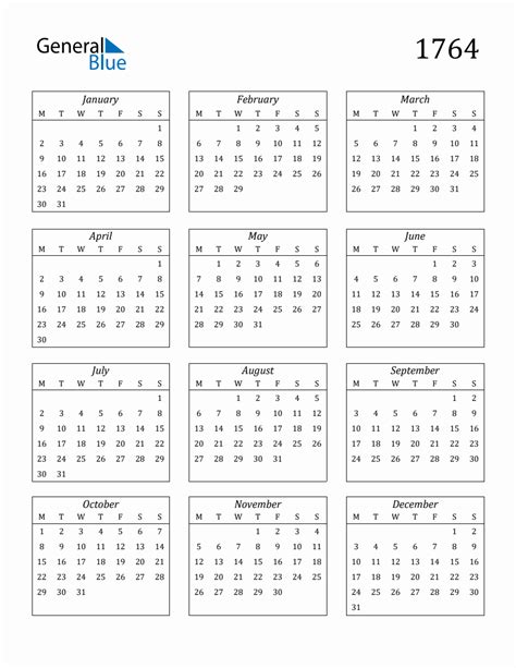 1764 Blank Yearly Calendar Printable