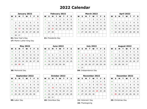 2022 Calendar With Holidays Printable 9 Templates Free Printable Images