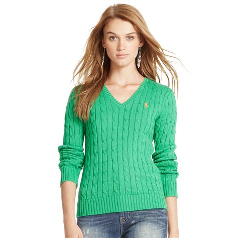 Lyst Polo Ralph Lauren Cabled Cotton V Neck Sweater In Green