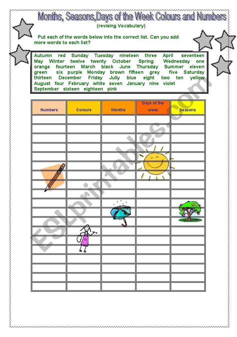 Months Seasons Days Of The Week Colours And Numbers Esl Worksheet
