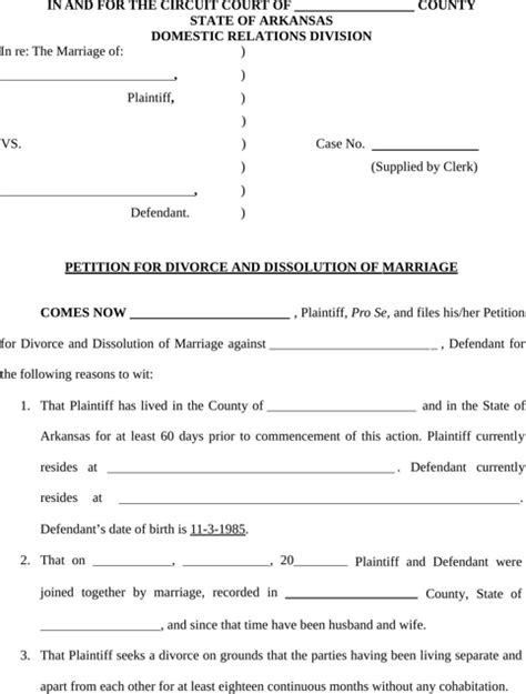 Free Printable Arkansas Divorce Papers