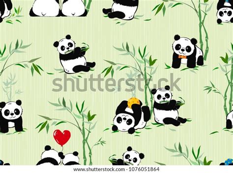 Seamless Pattern Little Pandas Bamboo Plants Stock Vector Royalty Free