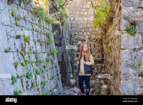 Young Tourist Woman Enjoying A View Of Kotor Bay Montenegro Kotor Old