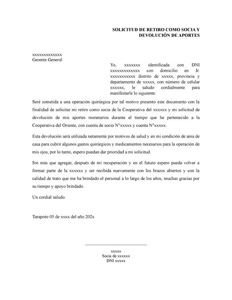 Carta Solicitud DE Devolucion DE Aportes Cooperativa SOLICITUD DE RETIRO COMO SOCIA Y