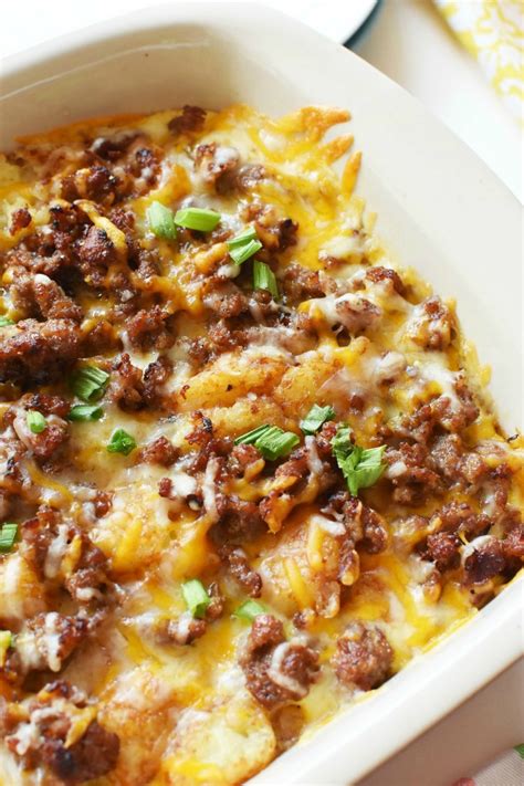 This is great served hot or even room temperature. Easy & Cheesy Tater Tot Casserole with Breakfast Sausage ⋆ Savvy Saving Couple