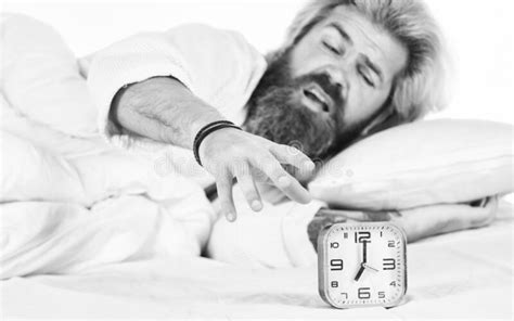 Time To Wake Up Early Morning Routine Bearded Man In Bed With Alarm Clock Ringing Time