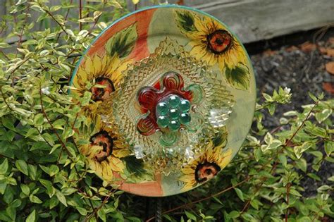 Upcycled Glass Dish Flower Plate Yard Art Etsy Glass Garden Art