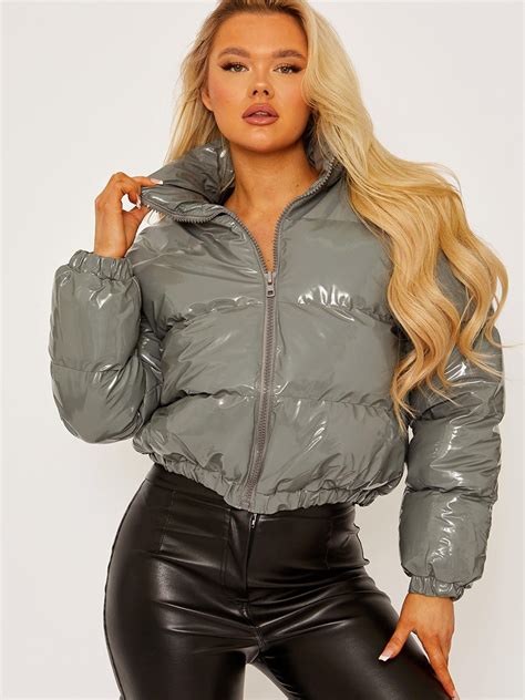 Emilia Pvc Leather Cropped Puffer Jacket In Grey Vivichi Limited