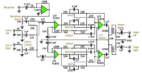 After you design the circuit diagrams using circuit diagram, you can print them or export them to png, svg, or xps files. Stereo Tone Control with Line In + Microphone Mixer Schematic & PCB Layout