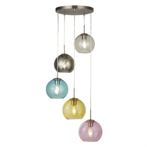 55218 006 Satin Silver 5 Light Cluster Pendant With Multicoloured Glasses