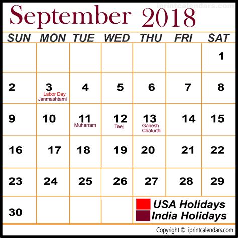 September 2018 Calendar With Holidays Templates Tools Qualads