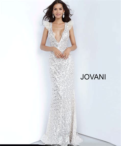 Jovani Silver Plunging Neck Embellished Prom Dress
