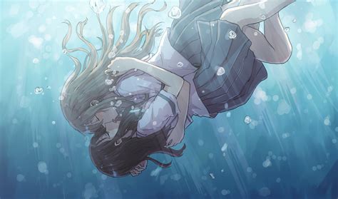 K Underwater Anime Girls Betock Yuri Original Characters Kissing