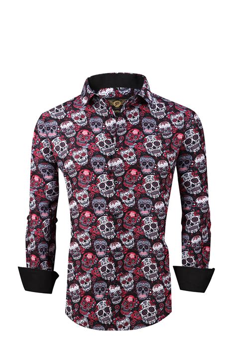 mens-premiere-sugar-skull-long-sleeve-button-down-dress-shirt-red-and