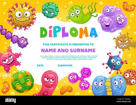 School Diploma Vector Certificate Template With Funny Germs Characters