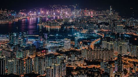 Download Wallpaper 1600x900 Night City City Aerial View Metropolis