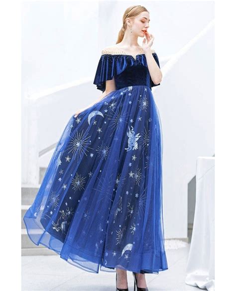 Royal Blue Shining Star Prom Party Dress With Off Shoulder Sleeves
