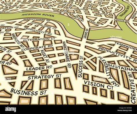 Illustrated Street Map Of A Generic City With Business Street Names