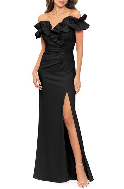 xscape ruched ruffle scuba gown in black lyst