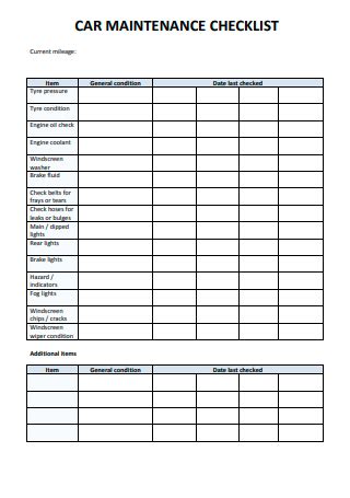 Sample Car Maintenance Checklist 8 IN PDF