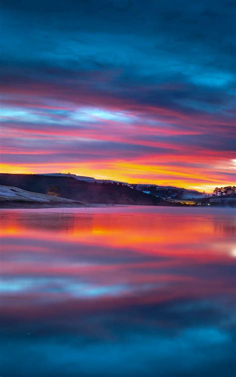 Download Lake Reflections Sunset Clouds Nature 800x1280 Wallpaper