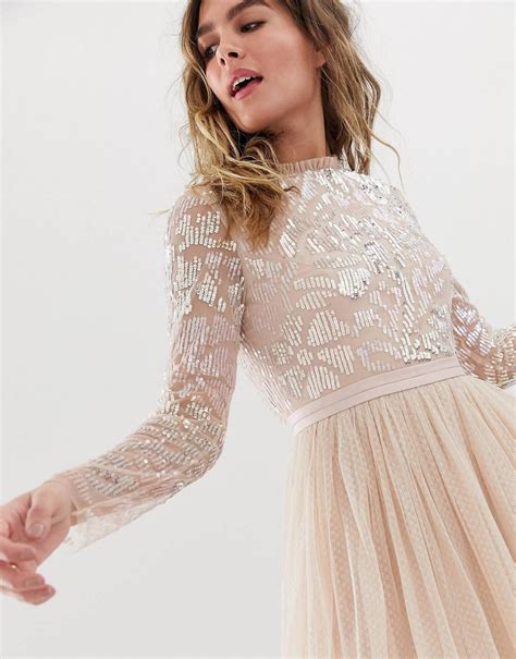 Needle And Thread Embellished Long Sleeve Midi Dress With Tulle Skirt In Rose Quartz Asos Long