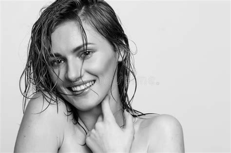 Wet Hair Headshot Portrait Of A Happy Smiling Model Girl Woman Lady Stock Image Image Of