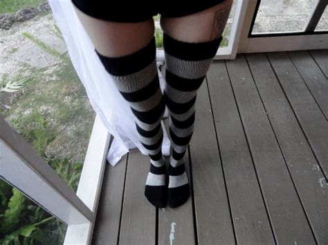 Black And Grey Striped Knit Thigh High Socks By Madeforyouvintage