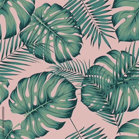 Seamless Tropical Pattern With Leaves Monstera And Areca Palm Leaf On A