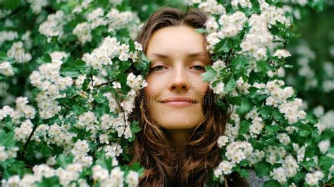 Young Happy Smiling Green Eyed Woman With Flowers Natural Beauty Stock