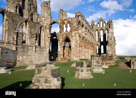 Whitby Abbey Yorkshire England Lit By The Evening Sun Setting Of