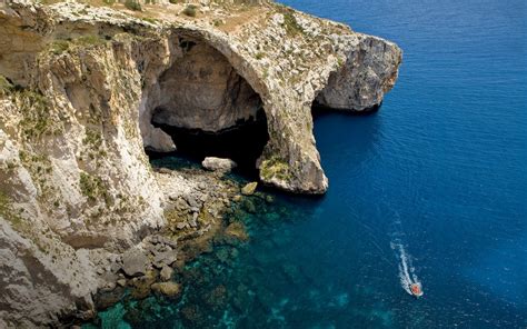 Sea Cliff Cave Island Malta Water Boat Blue Coast Beach Nature