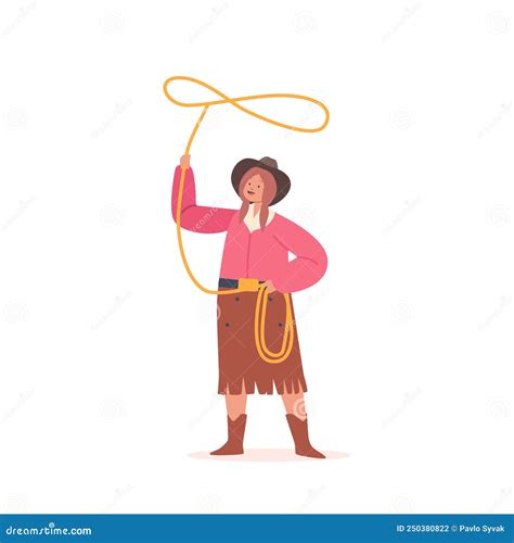 Little Girl in Cowboy Costume and Hat Spinning Lasso Isolated on White