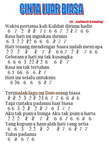 Waktu pertama kali kulihat dirimu hadir rasa hati ini inginkan dirimu hati tenang mendengar. Not Angka Pianika Cinta Luar Biasa - Andmesh Kamaleng - OMIBOK