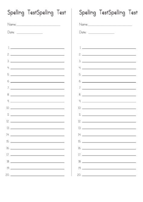 Blank Spelling Test Sheet 20 Words Printable Pdf Download