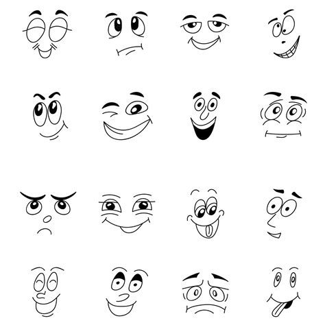 premium vector set of funny cartoon faces with black outline