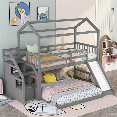Buy Twin Over Full House Bunk Bed With Stairs And Slide Wood Low Bunk