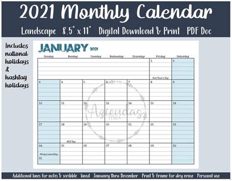 2021 Printable Monthly Calendar 12 Months Instant Download Etsy