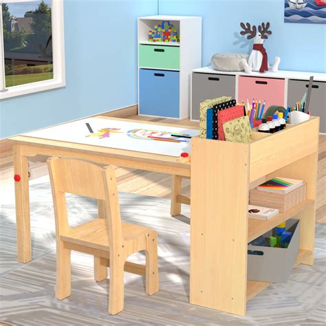 Kids Art Table And 2 Chairs Wooden Drawing Desk Activity And Crafts