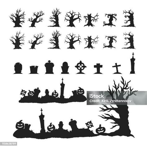 Siluet Halloween Hitam Pohon Hutan Dengan Cabang Seram Batu Nisan Salib