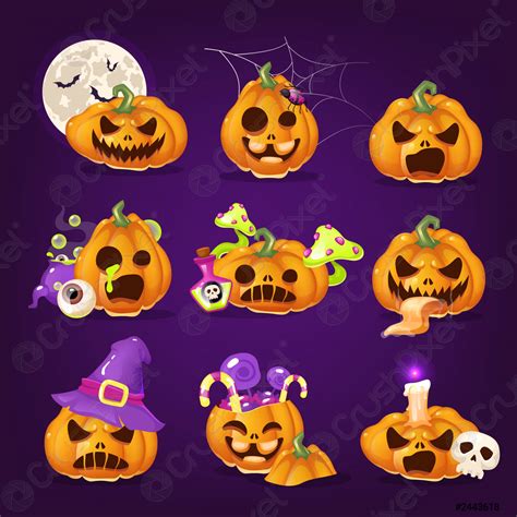 Spooky Halloween Pumpkins Cartoon Vector Illustrations Set Creepy Carved Squash Stock Vector