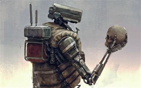 Wallpaper Painting Digital Art Robot Futuristic Soldier Skull