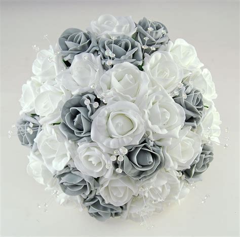 Brides Dark Grey White Rose And Crystal Wedding Bouquet Budget Wedding