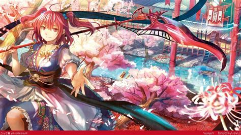 Anime Lake Boat Redhead Cherry Blossom Touhou Onozuka Komachi Scythe