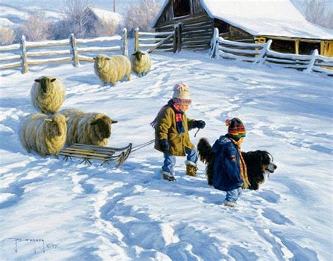 26x22 Sledding Party Art Print By Robert Duncan Framed And Matted Girl Pulls Sled Snow Winter
