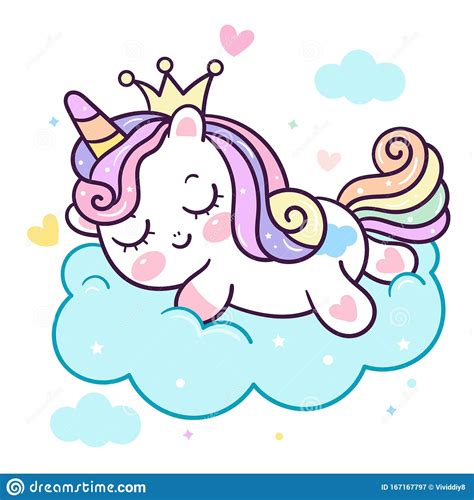 Cute Unicorn Vector Pony Cartoon On Cloud Princess Magic Sleeping Time