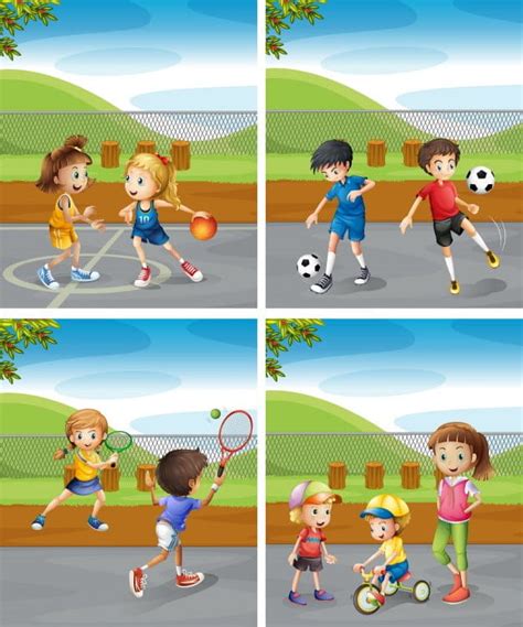 Children Playing Different Sports In The Park Illustration Eps Vector