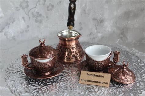 Turkish Coffee Set Gold Copper Coffee Pot Cups Plates Etsy Turkish