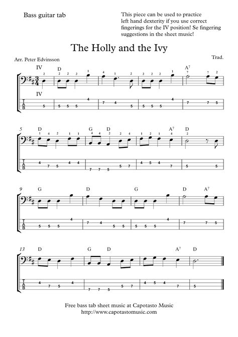 Free music for two, three & four guitars in notation and tab format arranged by bill tyers from guitardownunder. Free Christmas bass guitar tab sheet music | The Holly And The Ivy